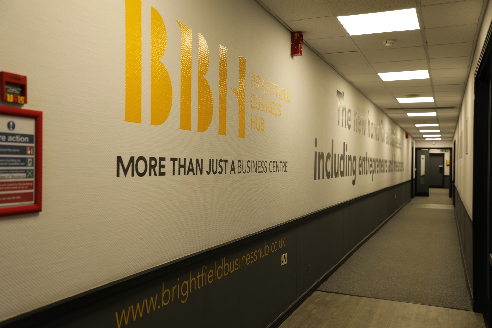 Brightfield Business Hub serviced office meeting rooms and conference Peterborough internal signage corridor